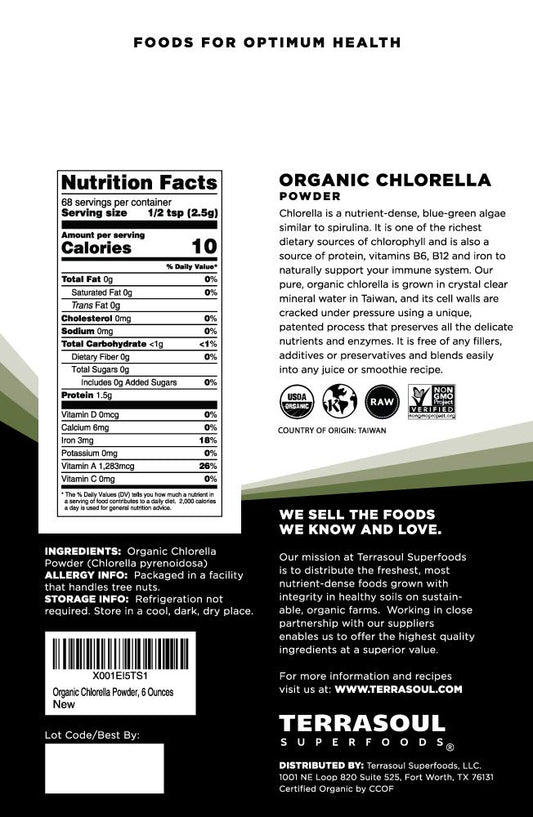 Terrasoul Organic Chlorella Powder cracked cell walls back label with nutrition facts