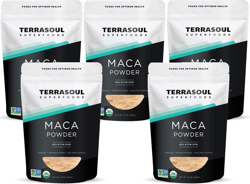 Terrasoul Organic Gelatinized Maca Powder 5lb pouch, easy digestion and versatile for smoothies.