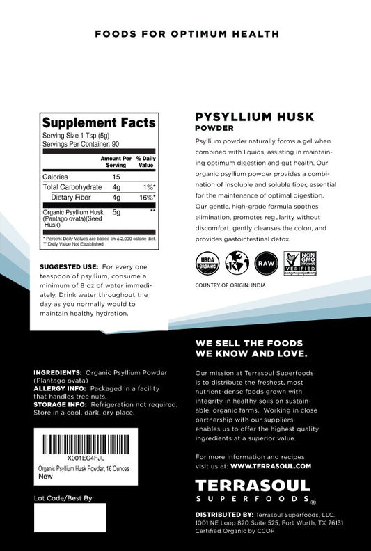 Organic, non-GMO, Earth Kosher psyllium husk powder