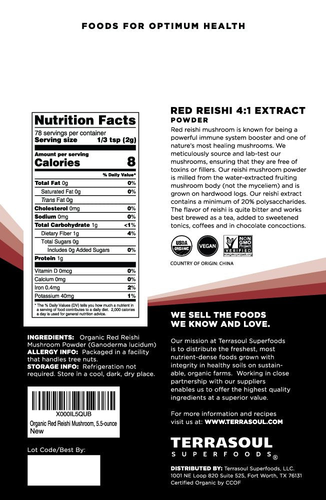 Terrasoul Organic Reishi Powder ingredient label