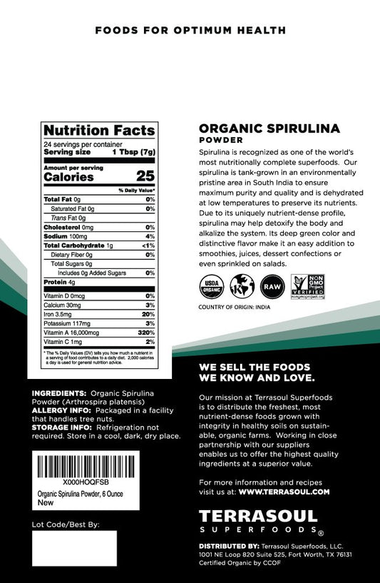 USDA Organic label on Terrasoul Spirulina powder