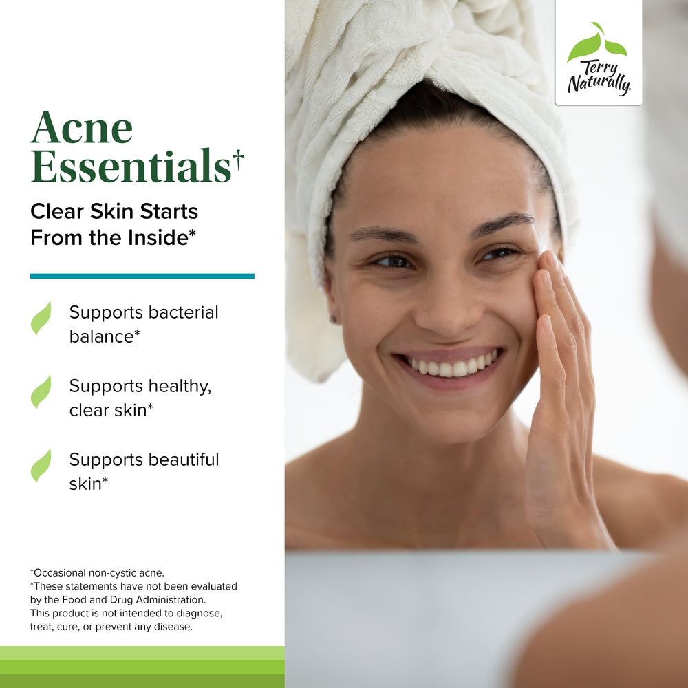 Close-up of Acne Essentials bottle label showing 60 capsules