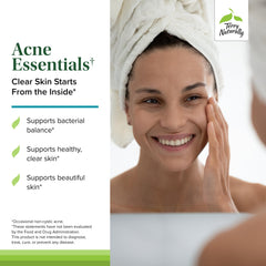 Close-up of Acne Essentials bottle label showing 60 capsules