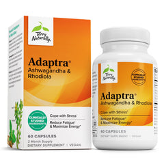 Bottle of Terry Naturally Adaptra Adrenal Health supplement with Ashwagandha and Rhodiola Rosea
