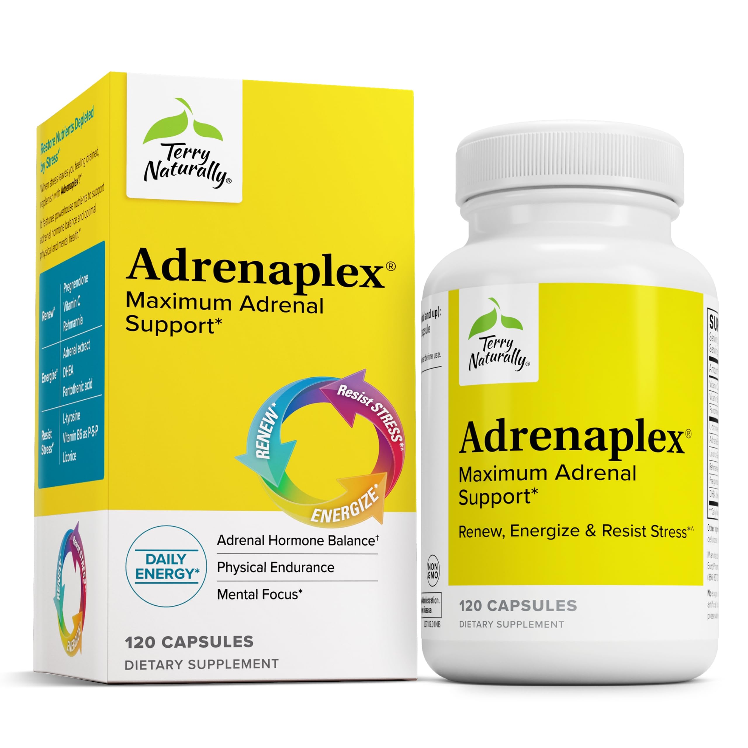 Terry Naturally Adrenaplex bottle front for easy daily adrenal support.