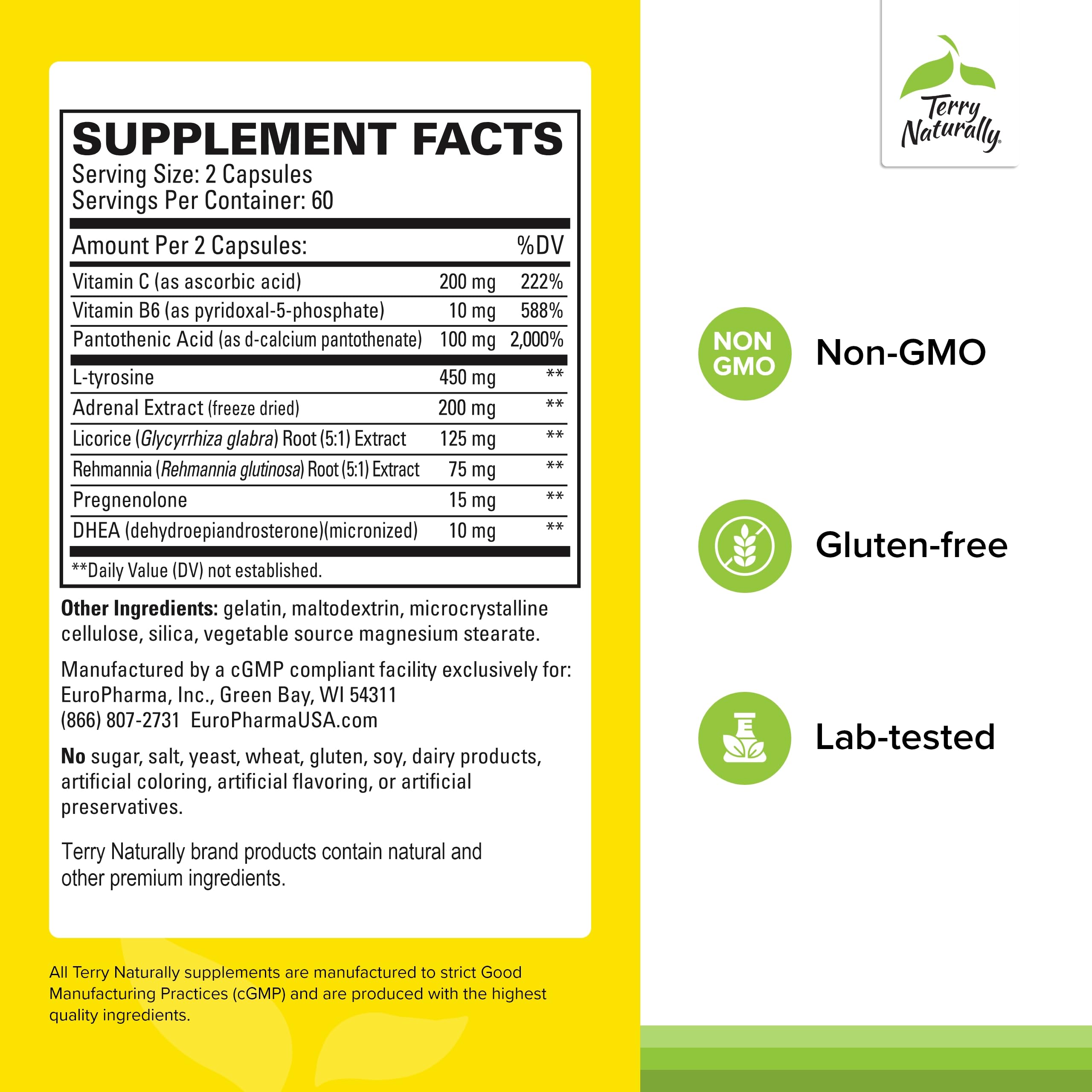 Terry Naturally Adrenaplex bottle side showing serving size for daily use.