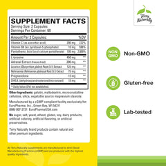 Terry Naturally Adrenaplex bottle side showing serving size for daily use.