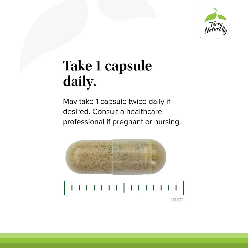 Dosing guidance showing 1 capsule daily on a bottle label