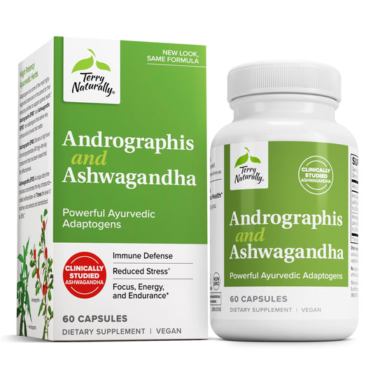 Bottle of Terry Naturally Andrographis and Ashwagandha immune support supplement, 60 capsules