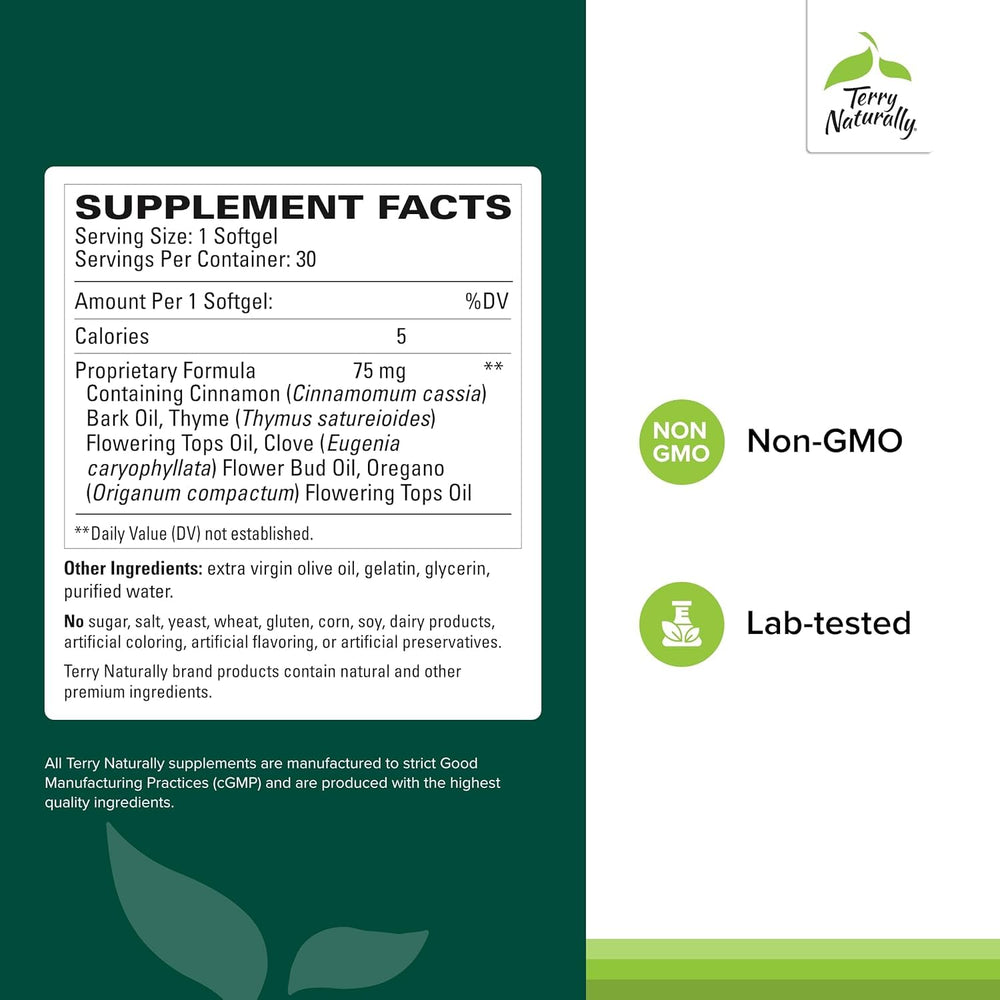 Close-up of Terry Naturally Bacteril intestinal support bottle label.