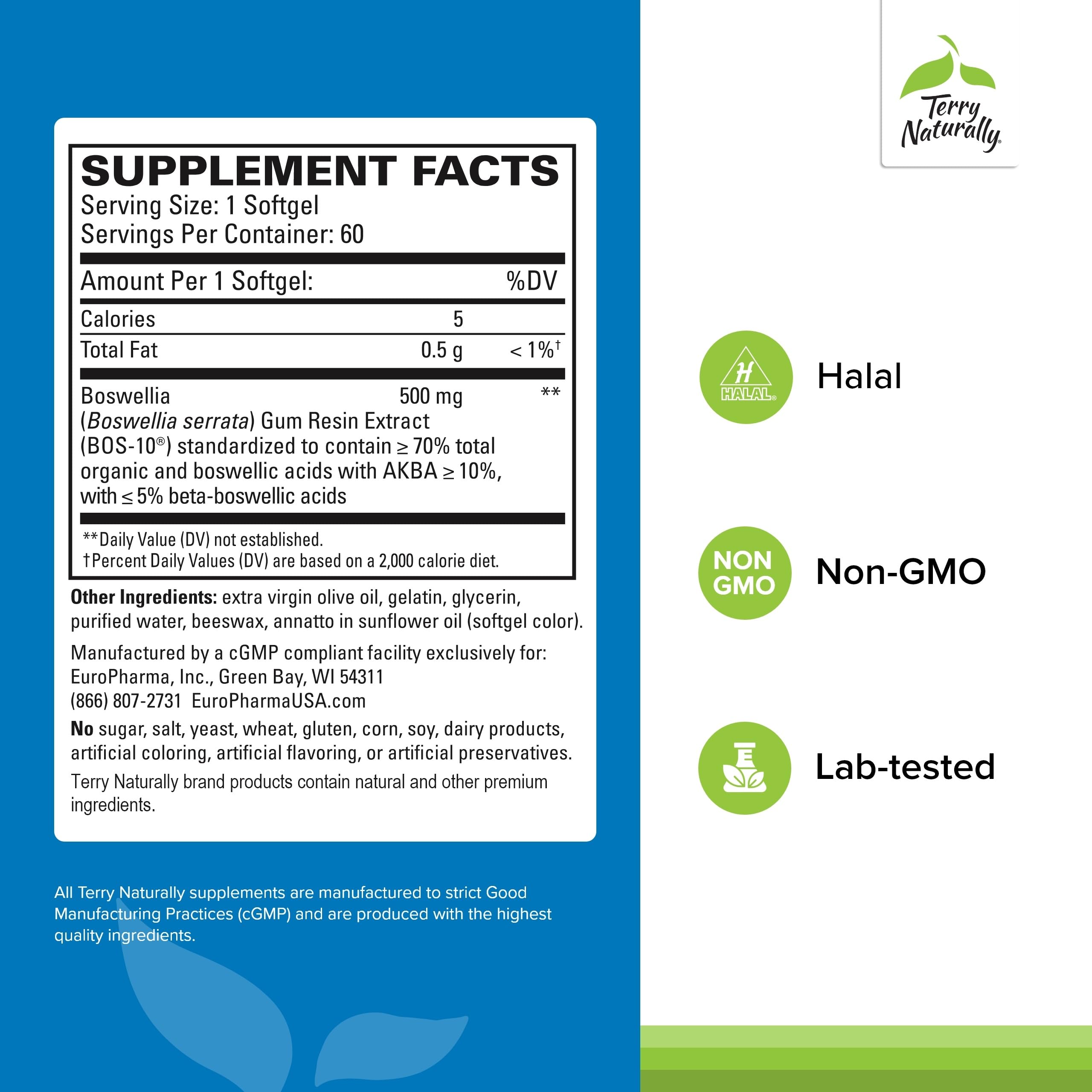 Terry Naturally BosMed 500 bottle side label detailing ingredients for informed use