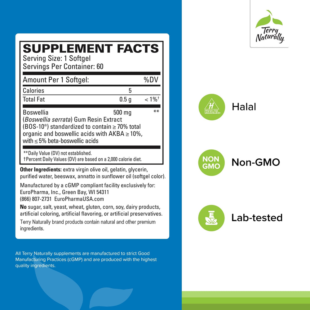 Terry Naturally BosMed 500 bottle side label detailing ingredients for informed use