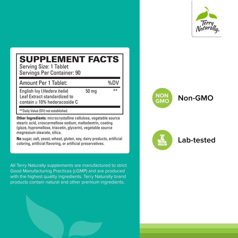 Label of Terry Naturally Bronchial Clear Ivy Leaf Extract showing 90 tablets per bottle (Pack of 2)
