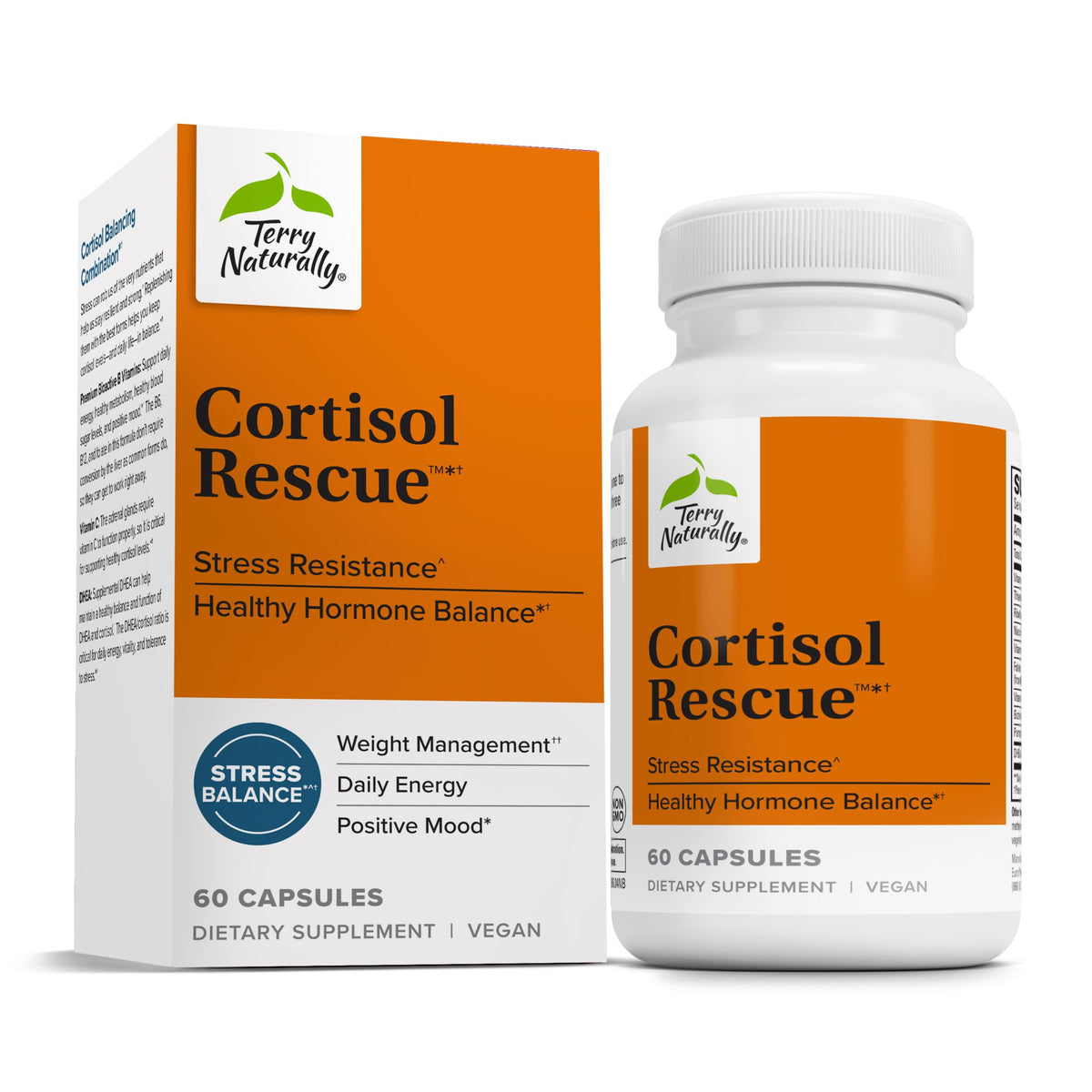 Bottle of Terry Naturally Cortisol Rescue on white background