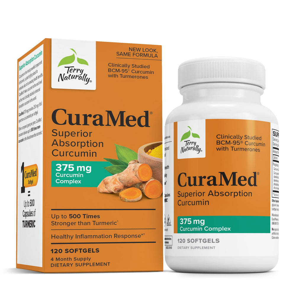 Terry Naturally CuraMed 375mg bottle shows high-potency antioxidant formula for daily use.