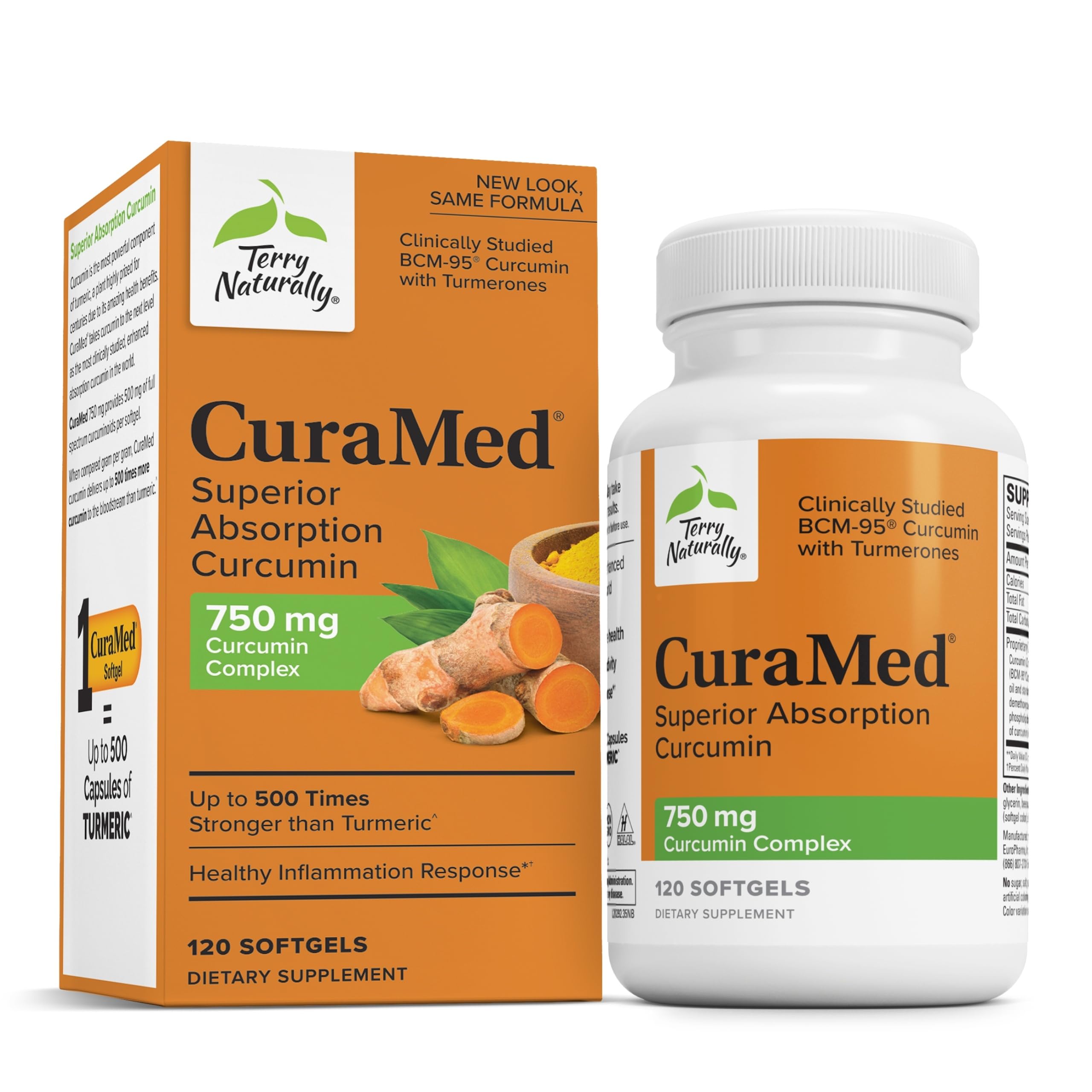Terry Naturally CuraMed 750 mg bottle with softgels for antioxidant support.