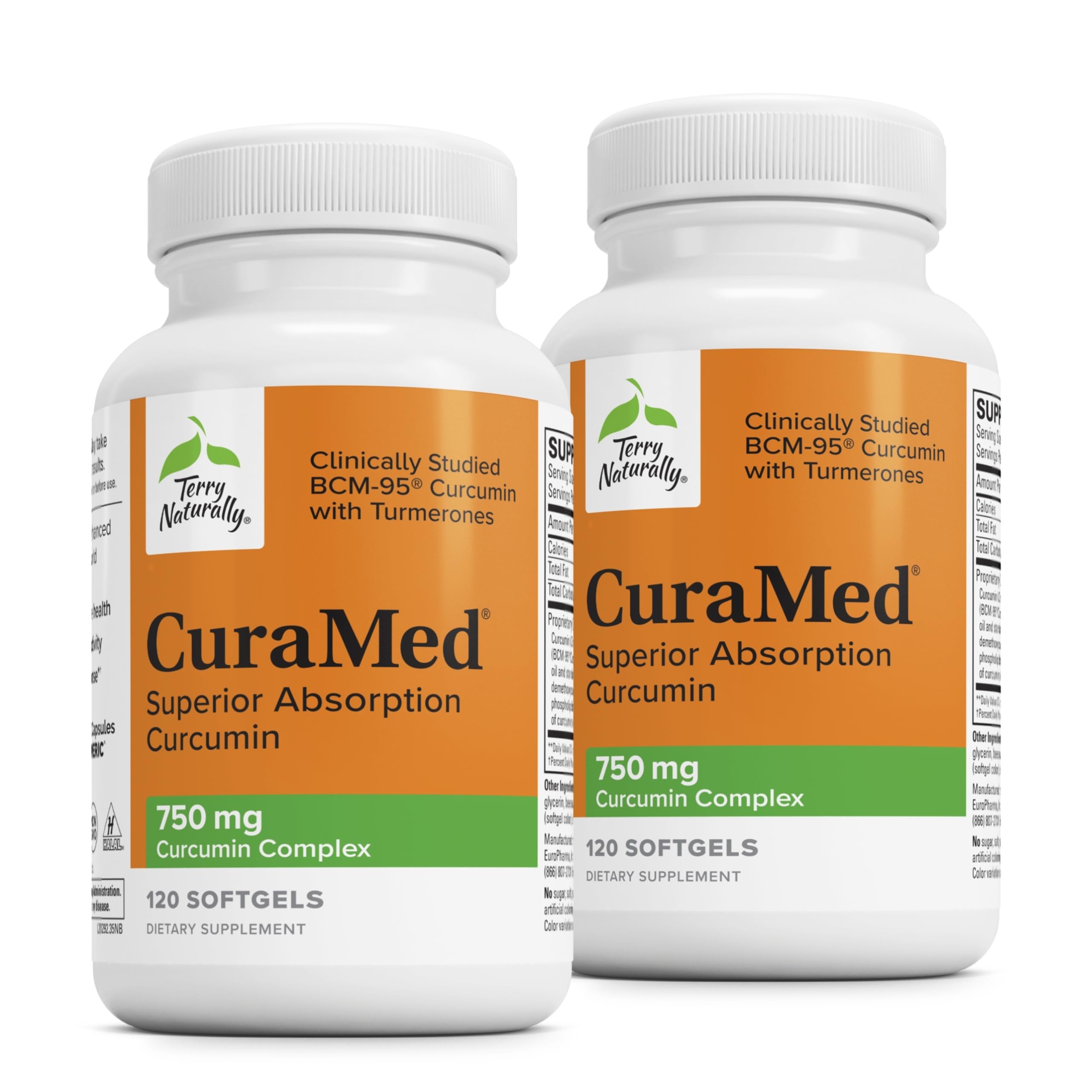Terry Naturally CuraMed 750mg bottle with high-potency curcumin for daily antioxidant support.