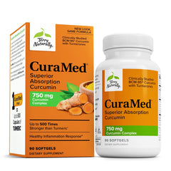 Terry Naturally CuraMed 750mg bottle demonstrates high-potency curcumin for daily antioxidant support.