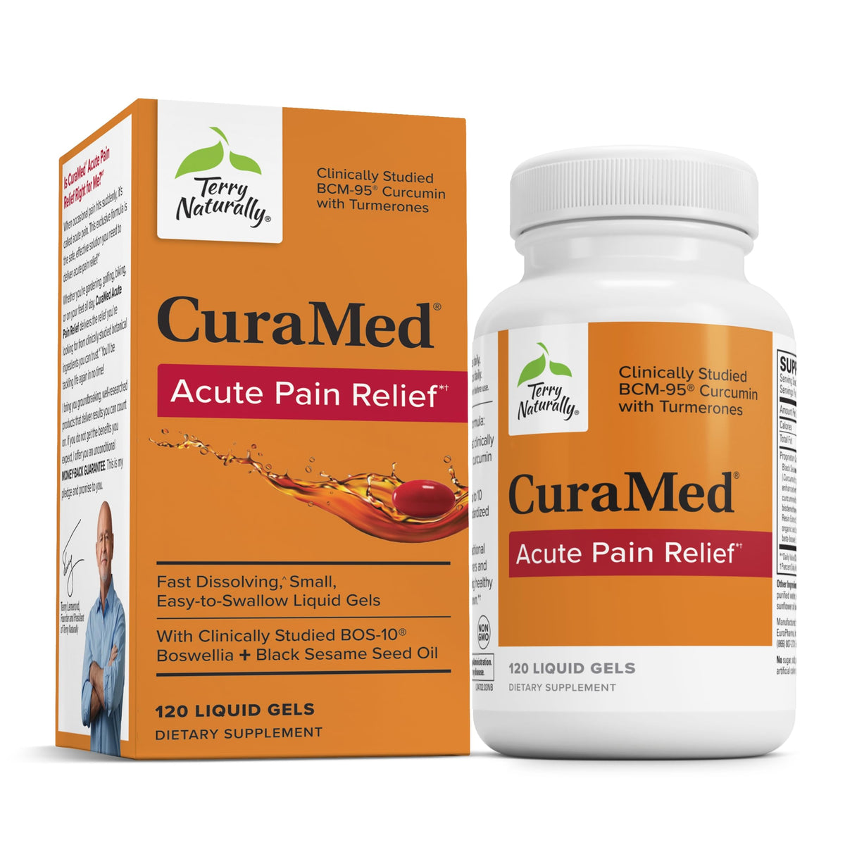 Terry Naturally CuraMed Acute Pain Relief bottle with 120 liquid gels