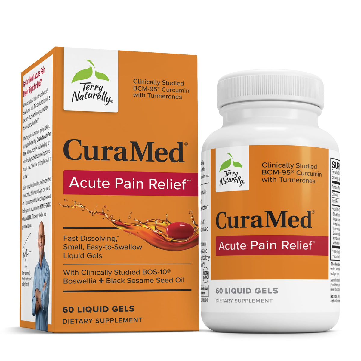 Bottle of Terry Naturally CuraMed Acute Pain Relief with 60 liquid gels