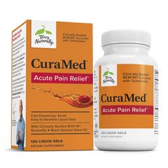 Terry Naturally CuraMed Acute Pain Relief bottle with 120 liquid gels.
