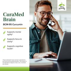 Close-up of CuraMed Brain bottle and softgels