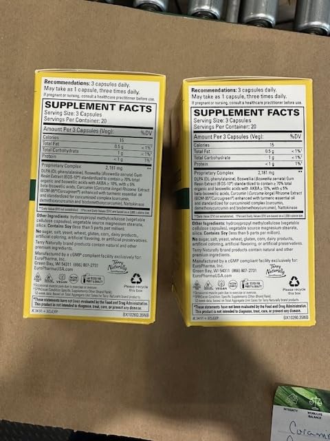 Back label of Terry Naturally Curamin bottle with supplement facts