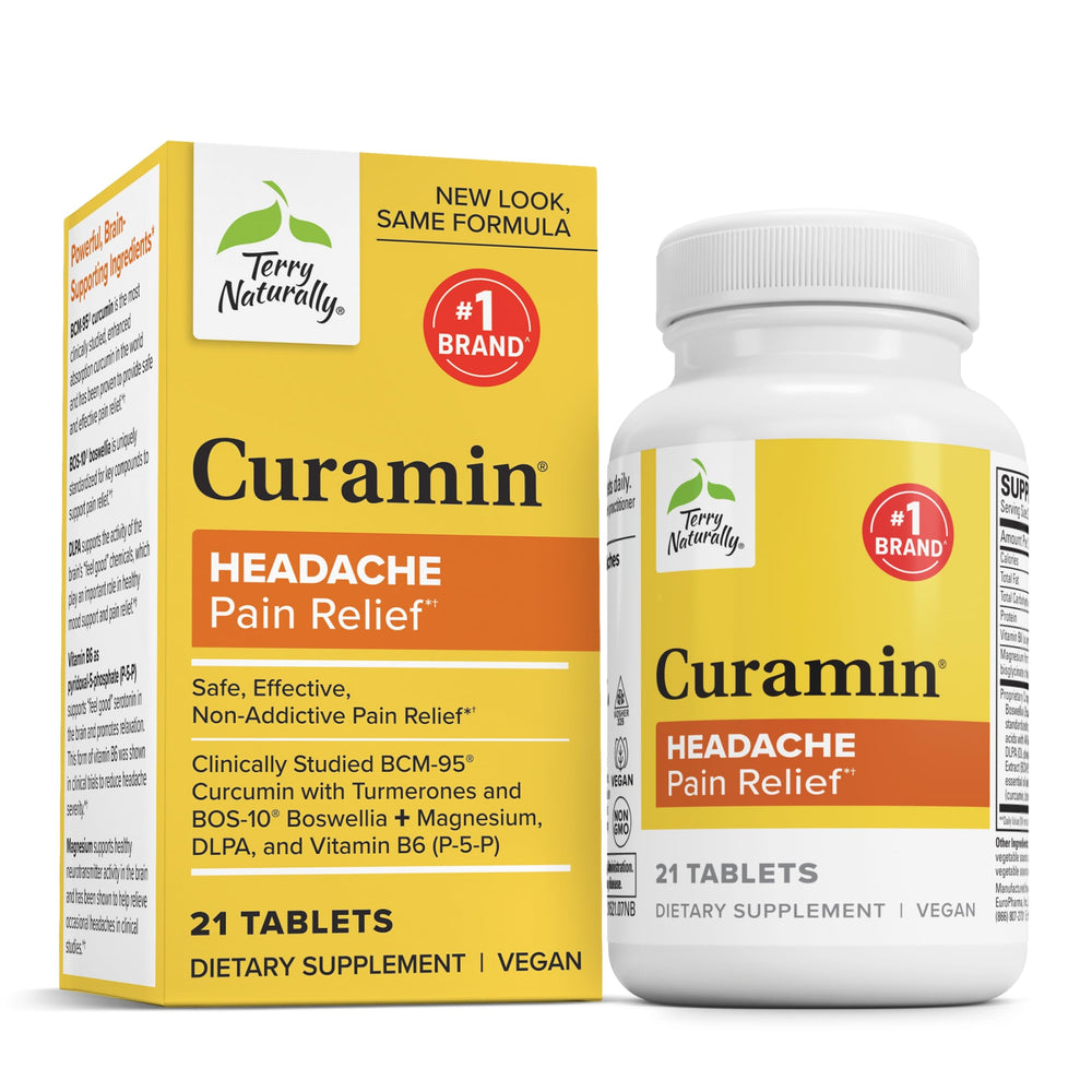 Terry Naturally Curamin Headache bottle and packaging on white background
