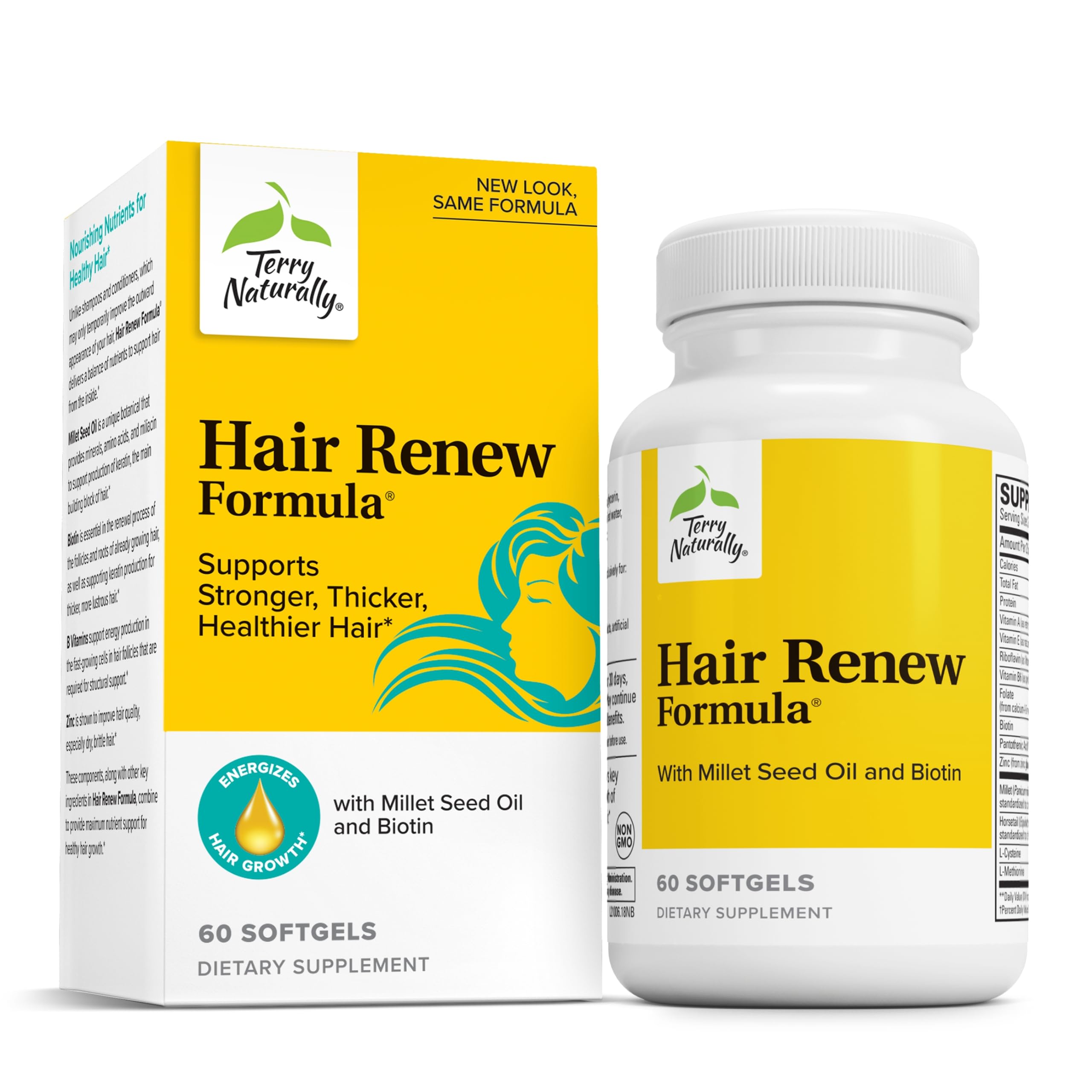 Terry Naturally Hair Renew Formula bottle supports healthier hair as part of a daily routine.