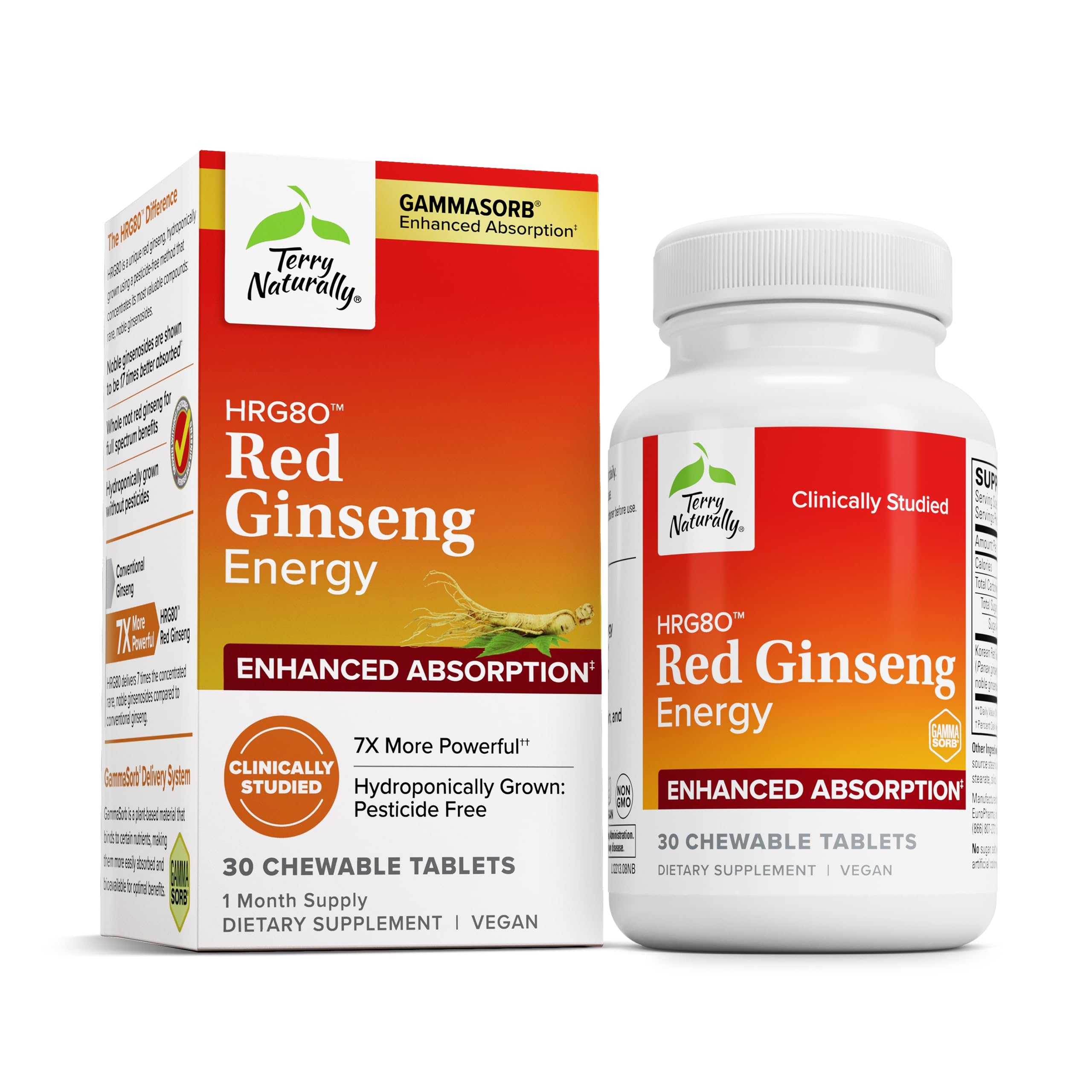 Bottle of Terry Naturally HRG80 Red Ginseng Energy chewable tablets