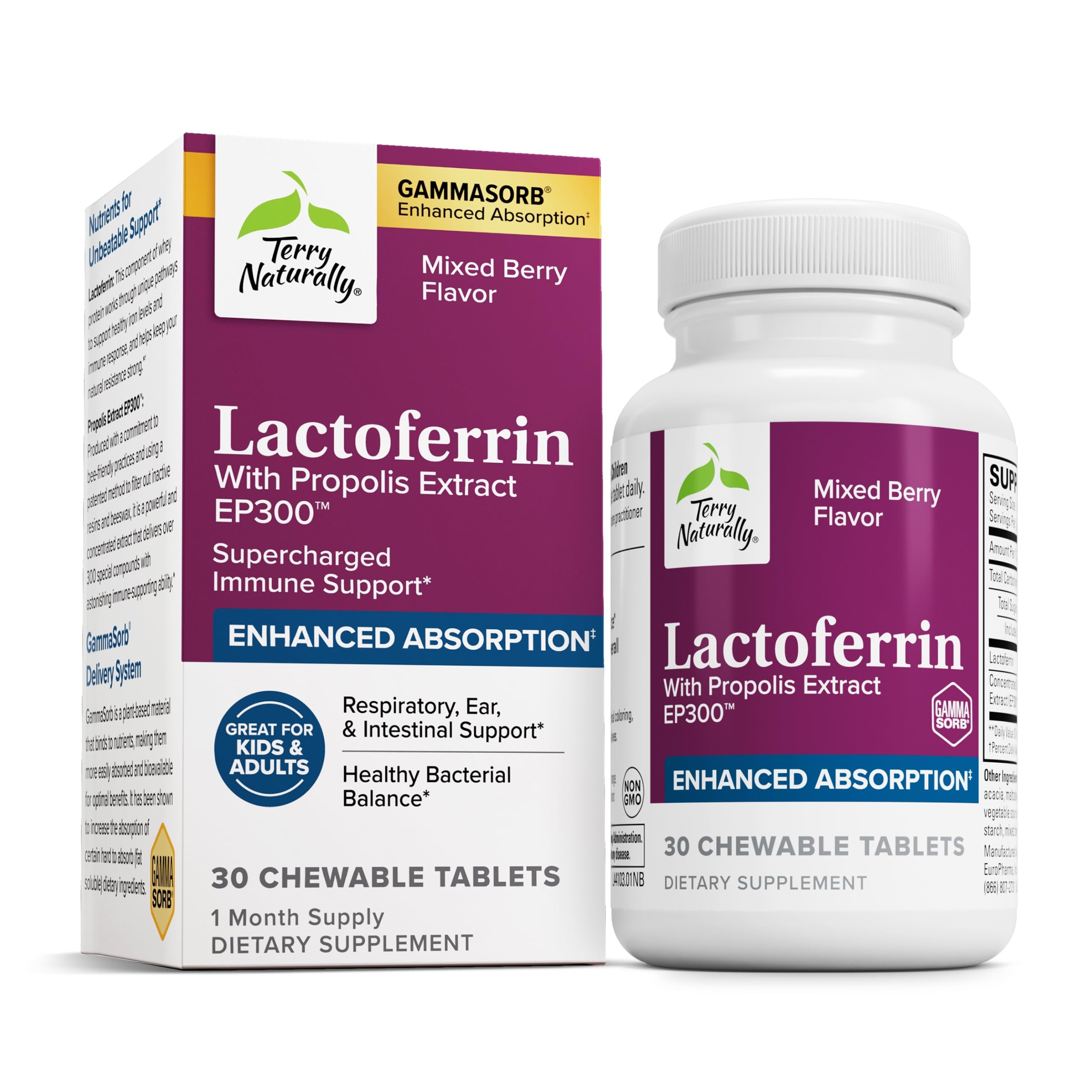 Bottle of Terry Naturally Lactoferrin with Propolis EP300 supplement