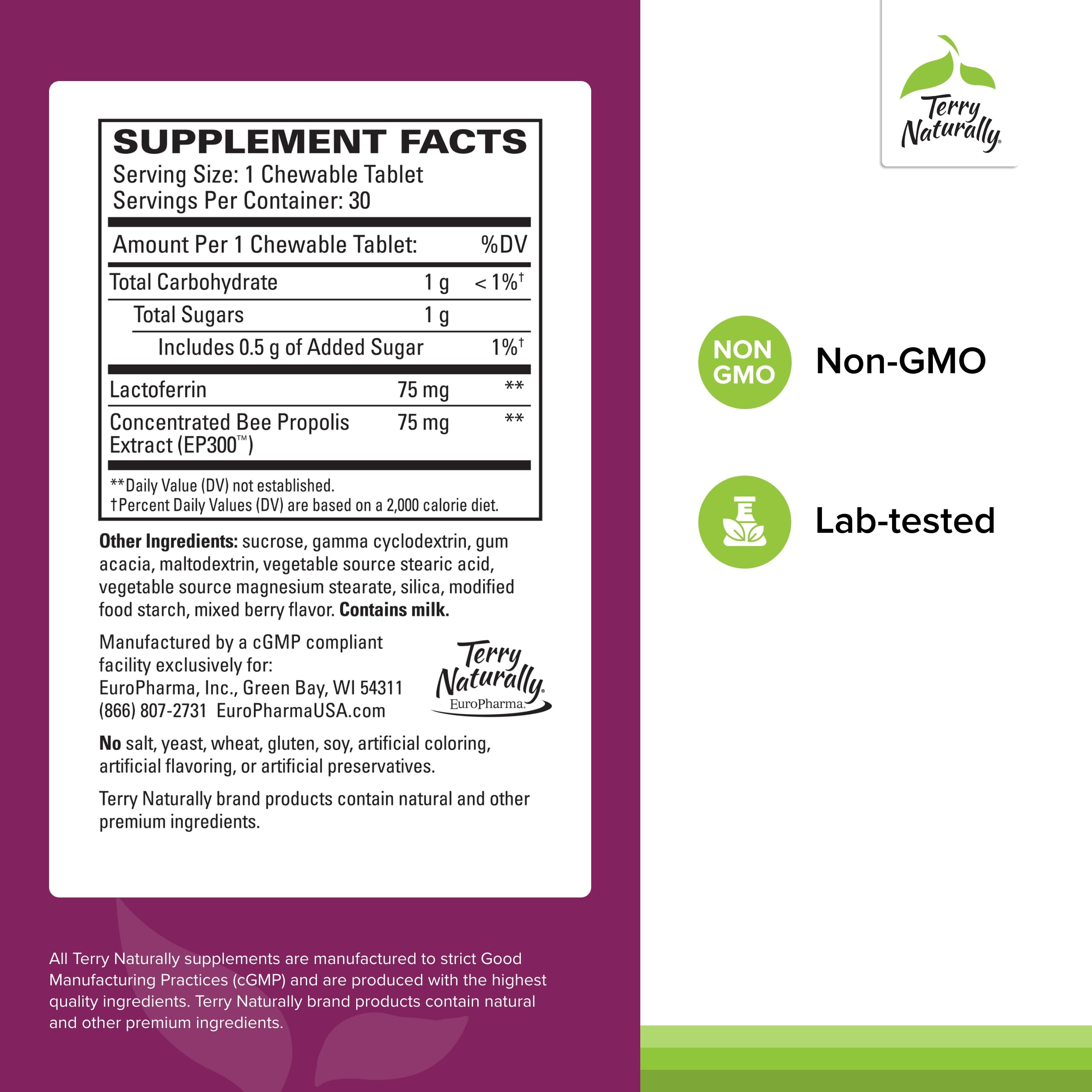 Close-up of Lactoferrin with Propolis EP300 bottle label