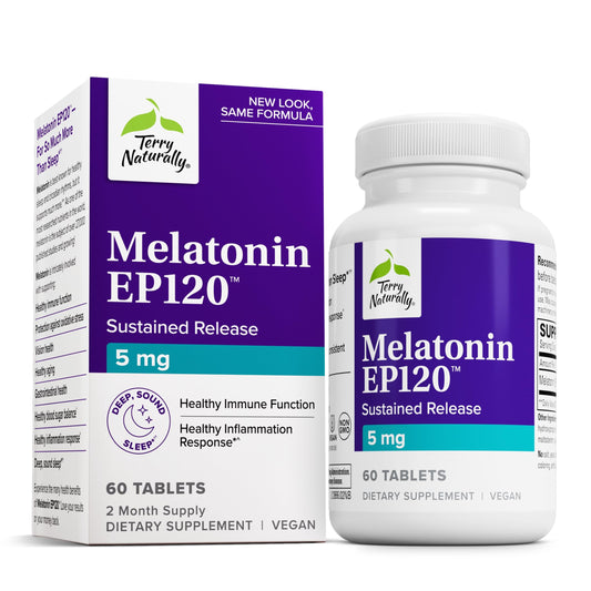 Front view of Terry Naturally Melatonin EP 120 5mg bottle