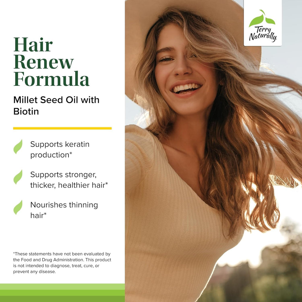 Terry Naturally Millet Seed Oil image highlighting keratin support for stronger strands.