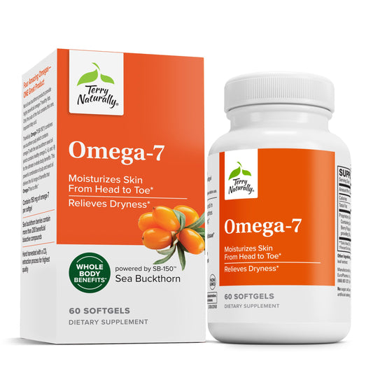 Terry Naturally Omega-7 product hero image featuring the bottle