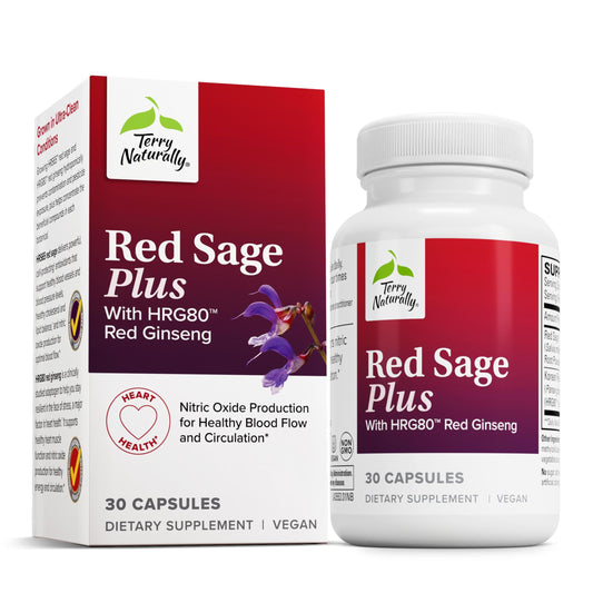 Bottle of Terry Naturally Red Sage Plus with HRG80 Red Ginseng on a white background