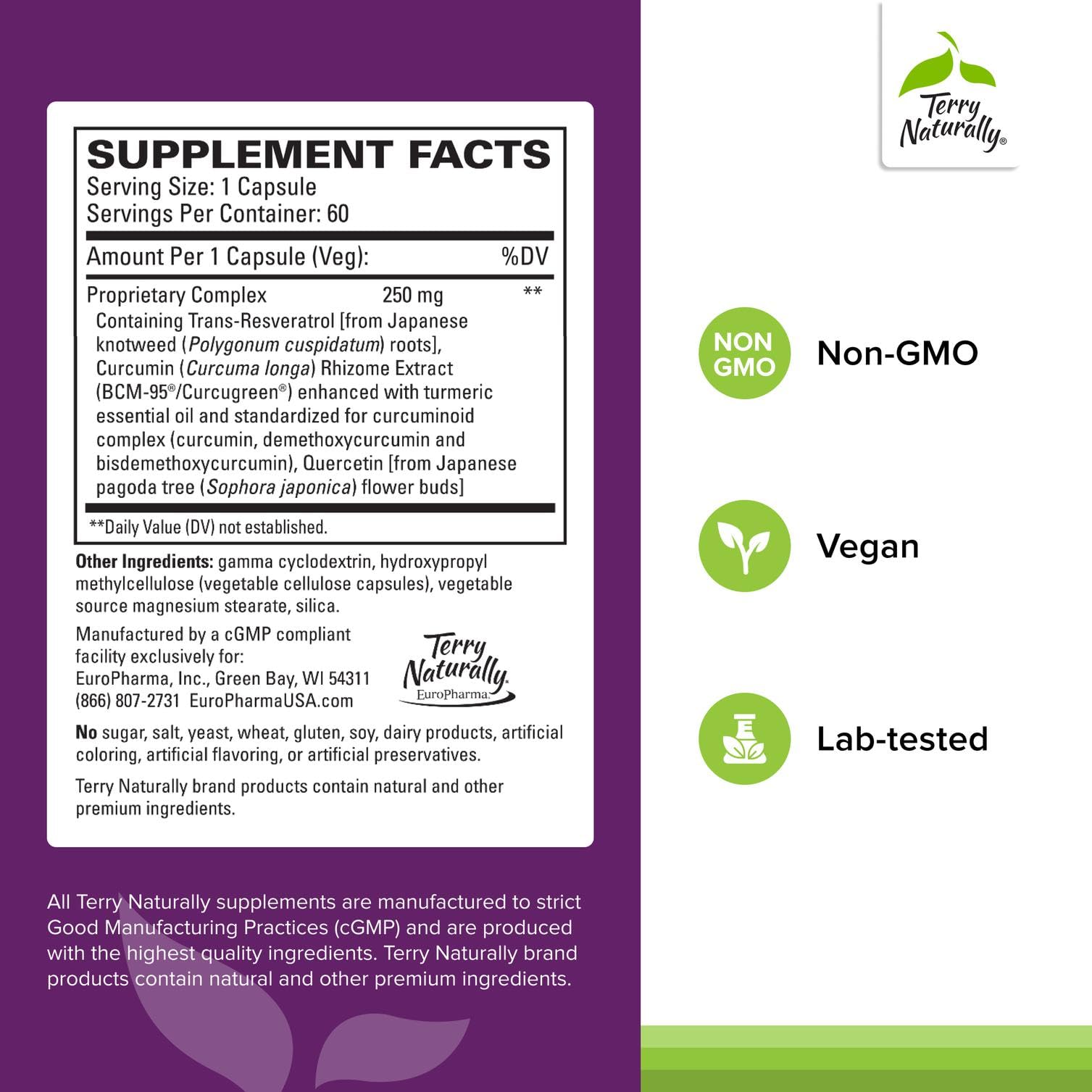 Front view of Terry Naturally Resveratrol Complex bottle