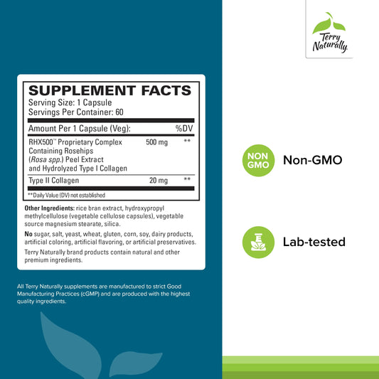 Close-up of Rosehip Joint Comfort label highlighting Type II collagen and RHX5