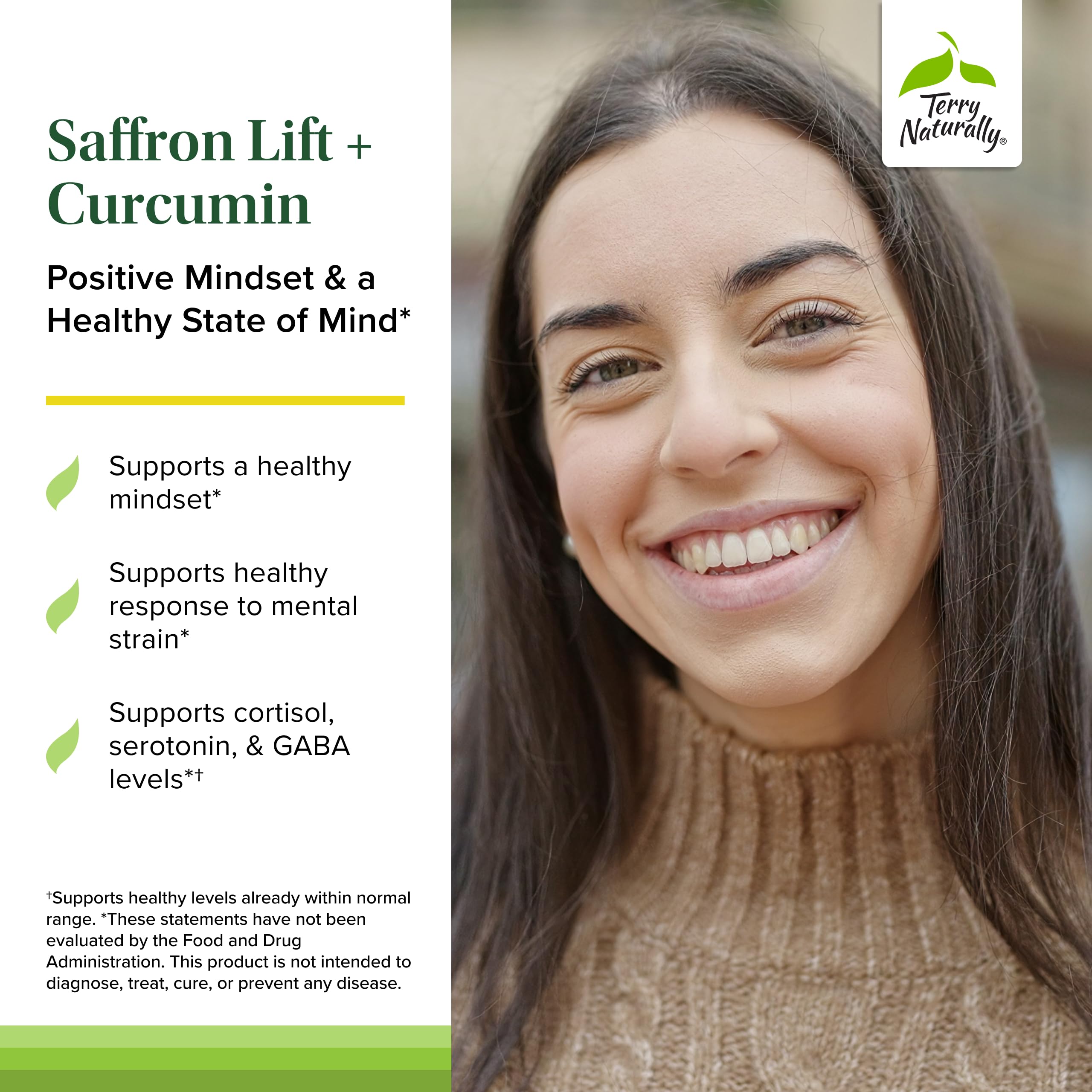 Front label of Terry Naturally Saffron Lift + Curcumin highlighting non-GMO formula.