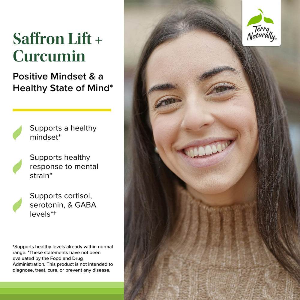 Front label of Terry Naturally Saffron Lift + Curcumin highlighting non-GMO formula.