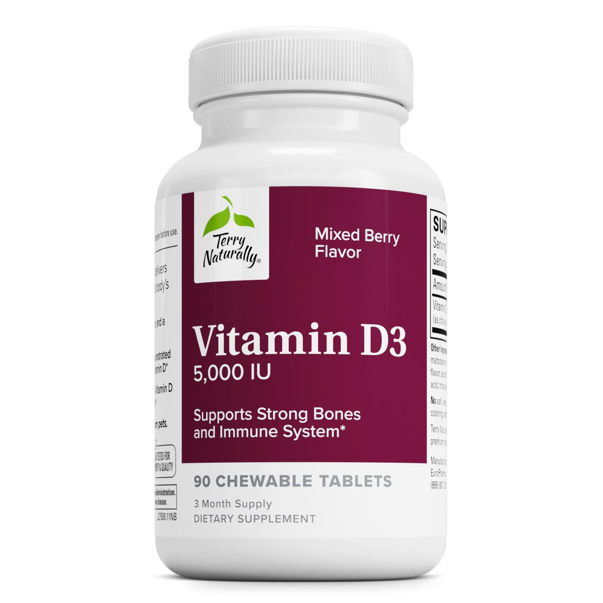 Bottle of Terry Naturally Vitamin D3 5000 IU chewable tablets in mixed berry flavor