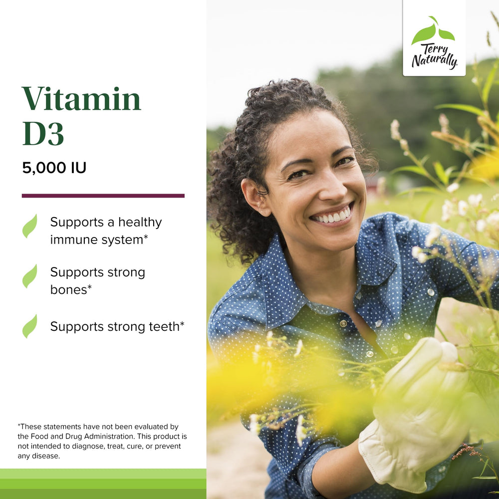 Nutrition facts label for Terry Naturally Vitamin D3 5000 IU