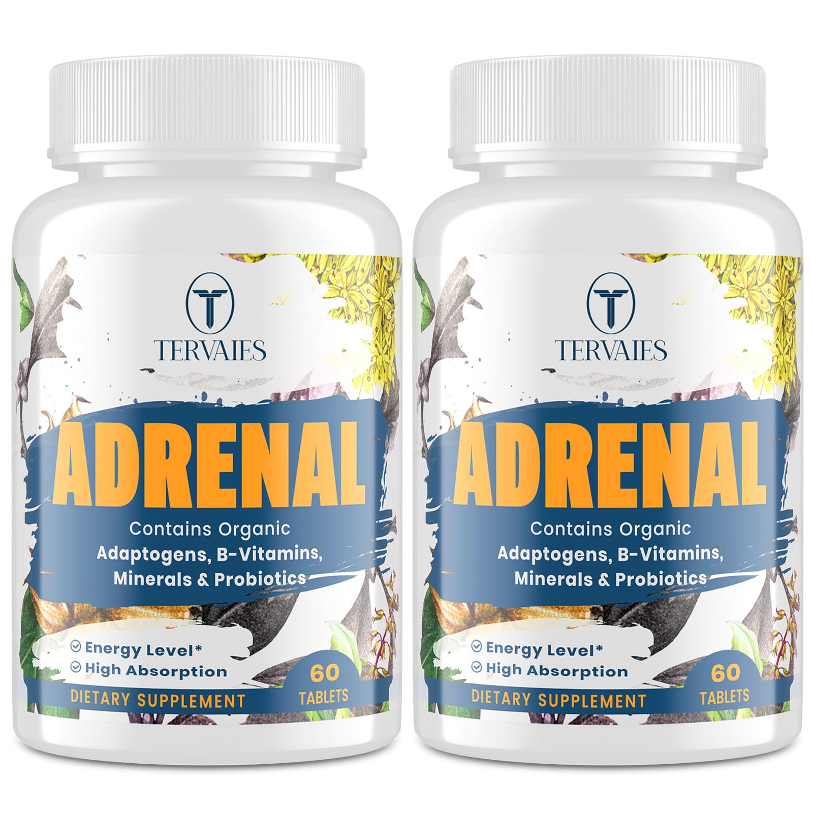 Tervaies Adrenal Support bottle front showing mood-boosting adaptogens.