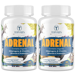 Tervaies Adrenal Support bottle front showing mood-boosting adaptogens.