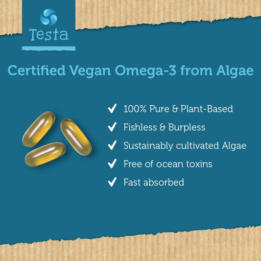 Close-up of Testa Omega-3 capsule from algae-based DHA + EPA