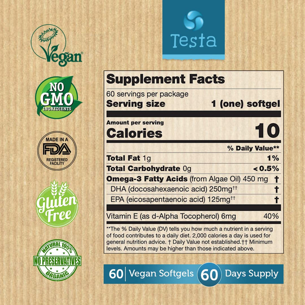 Testa Omega-3 bottle showing 60 capsules per bottle