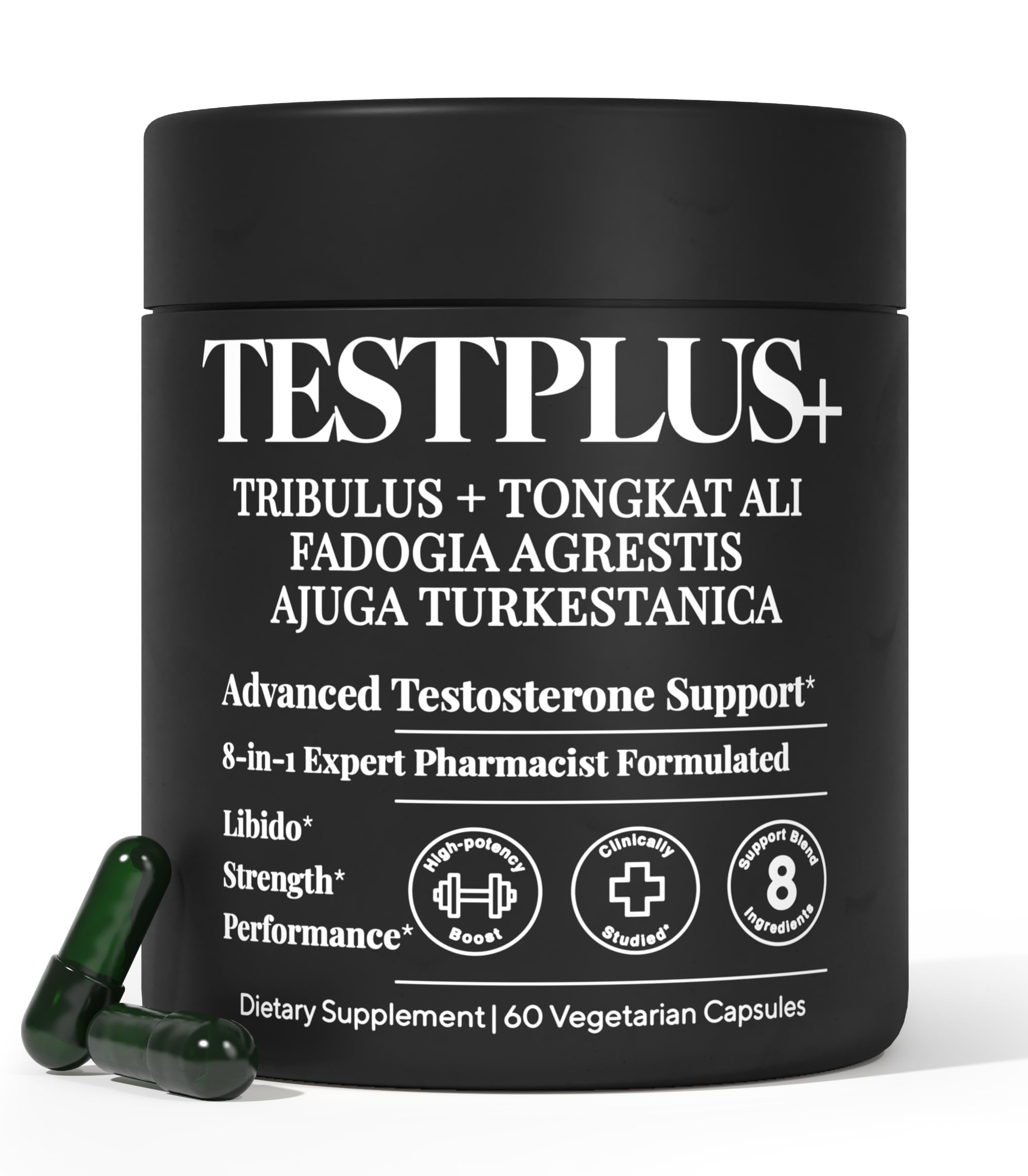 TESTPLUS+ 1450mg 8-in-1 testosterone supplement bottle hero image
