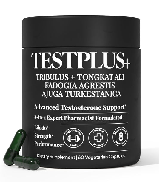 TESTPLUS+ 1450mg 8-in-1 testosterone supplement bottle hero image
