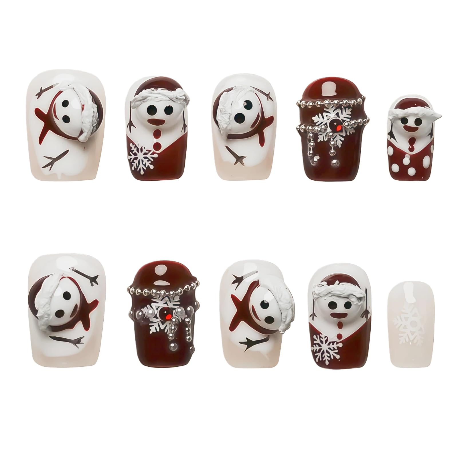 Tesytto 3D Snowman nails with burgundy and white snowman design for a chic holiday look.