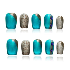 Tesytto luxury blue cat-eye nails shimmer for glamorous party looks